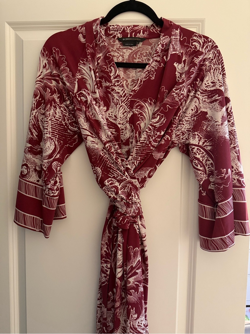 BCBGMaxAzria Burgundy & White Floral-Print Wrap Dress